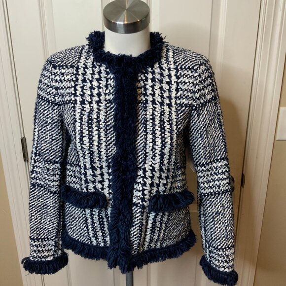 Carolina Herrera Navy Blue & White Painted Striped Jacket W/ Fringe Trim Size 6